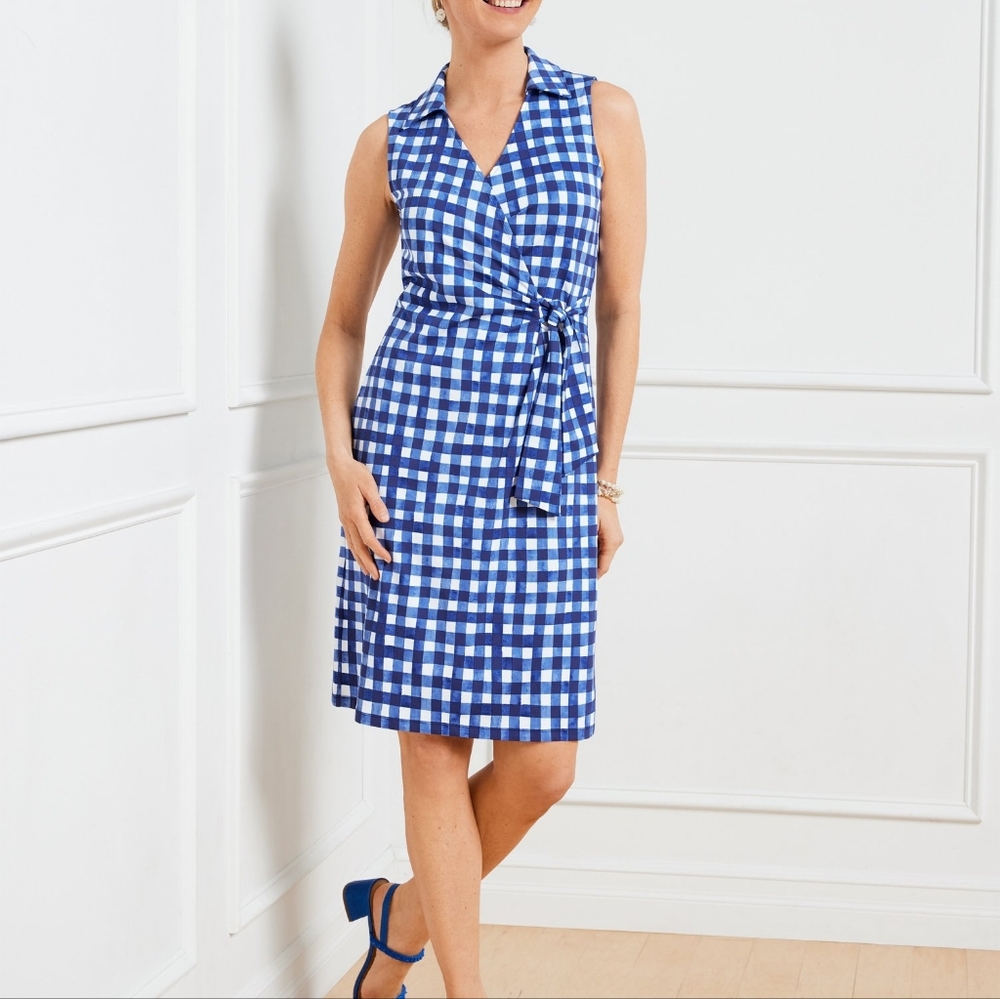 XLP NWT Talbots Petites Blue Gingham Plaid Stretchy Faux Wrap Dress